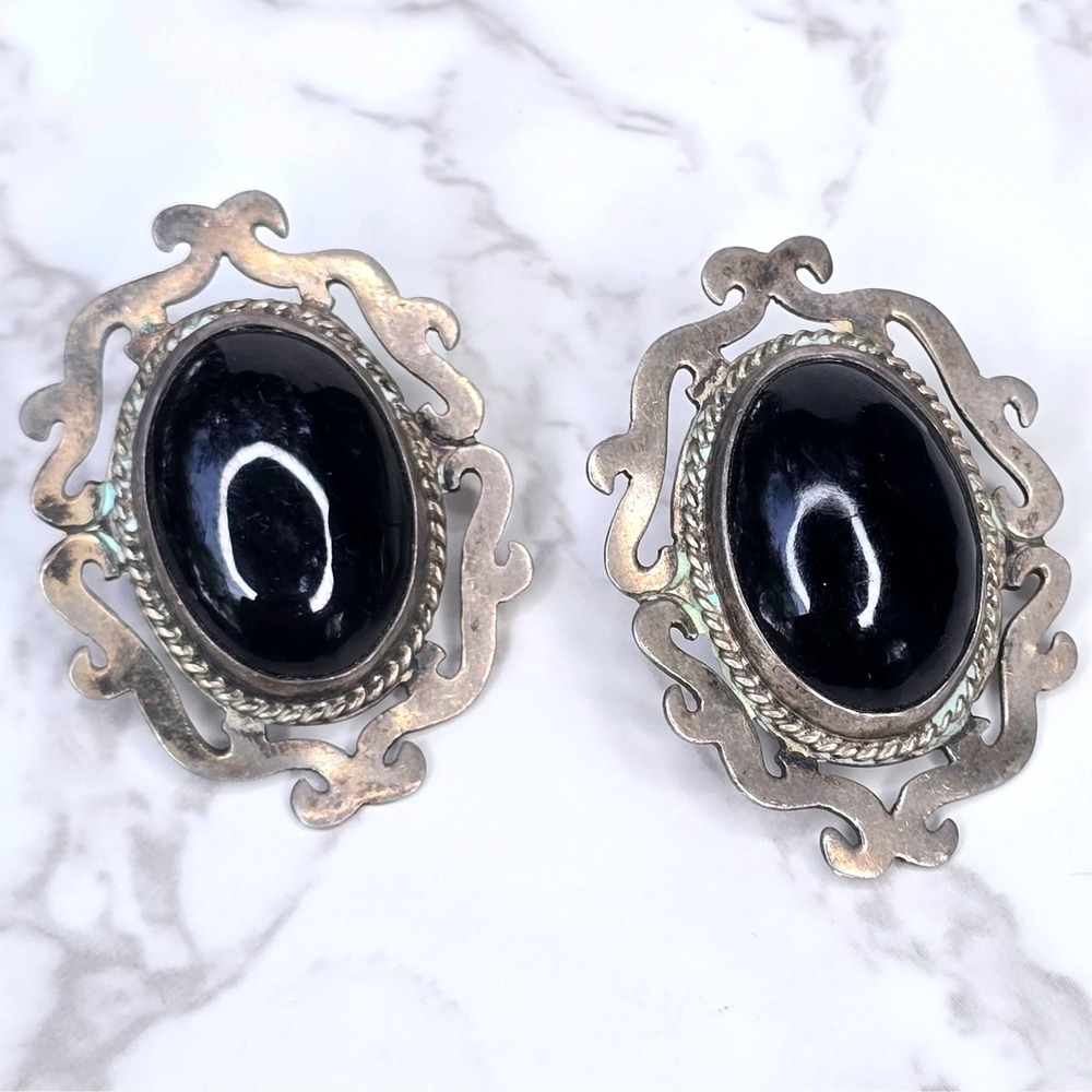 Vintage Taxco Mexico 925 Sterling Silver Black Onyx Post Earrings 23.8g TB-157